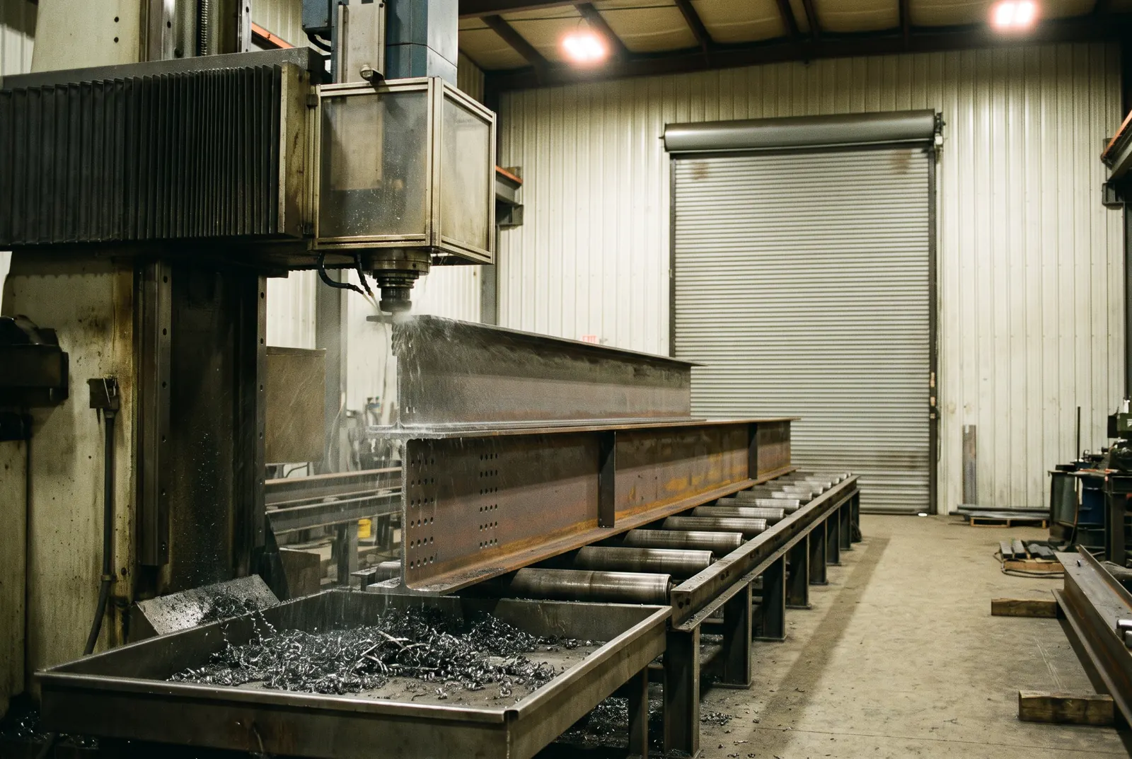 Ligne de perçage CNC d'une poutre à larges ailes avec jet de liquide de coupe et bac à copeaux