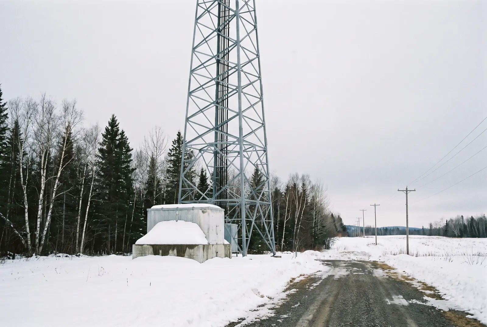 Base d'une tour de télécommunication en treillis dans un champ enneigé au bord d'une forêt de bouleaux et d'épinettes